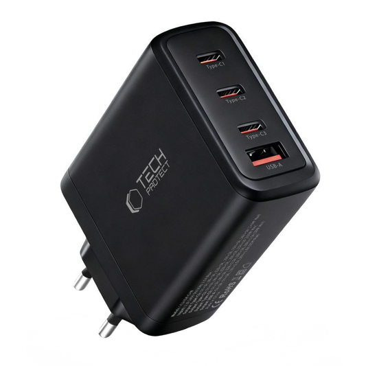 Netværksoplader Tech-Protect NC140W-GAN, 140W, 5A, 1 x USB-A - 3 x USB-C, Sort