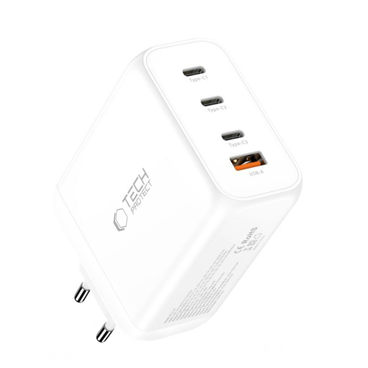 Netværksoplader Tech-Protect NC200W-GAN, 200W, 5A, 1 x USB-A - 3 x USB-C, Hvid