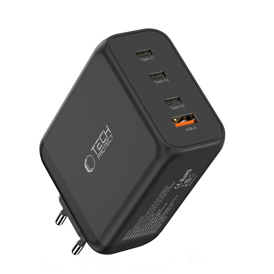 Tech-Protect NC200W-GAN netværksoplader, 200W, 5A, 1 x USB-A - 3 x USB-C, Sort