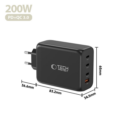 Tech-Protect NC200W-GAN netværksoplader, 200W, 5A, 1 x USB-A - 3 x USB-C, Sort