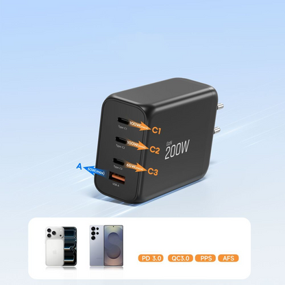 Tech-Protect NC200W-GAN netværksoplader, 200W, 5A, 1 x USB-A - 3 x USB-C, Sort