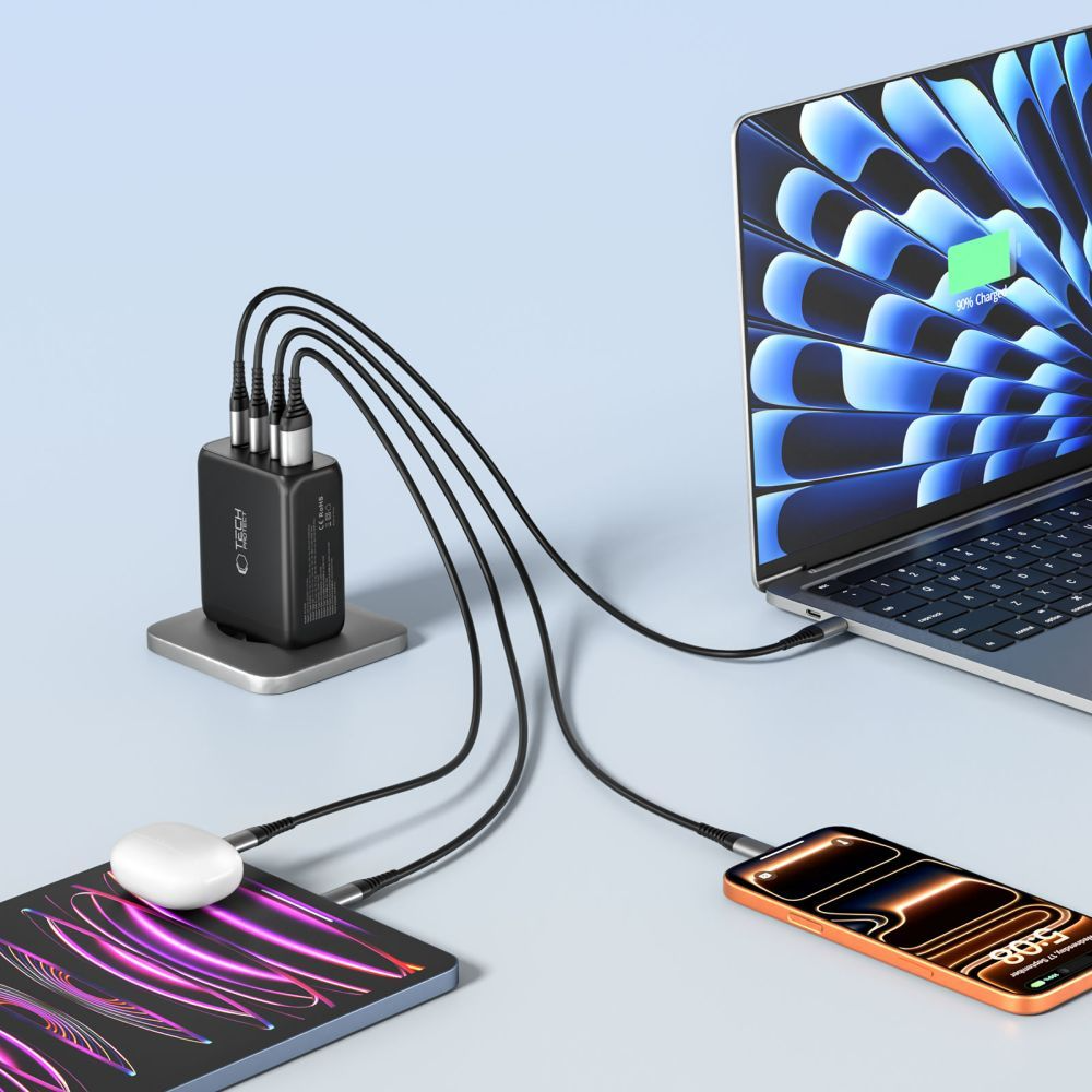 Tech-Protect NC200W-GAN netværksoplader, 200W, 5A, 1 x USB-A - 3 x USB-C, Sort
