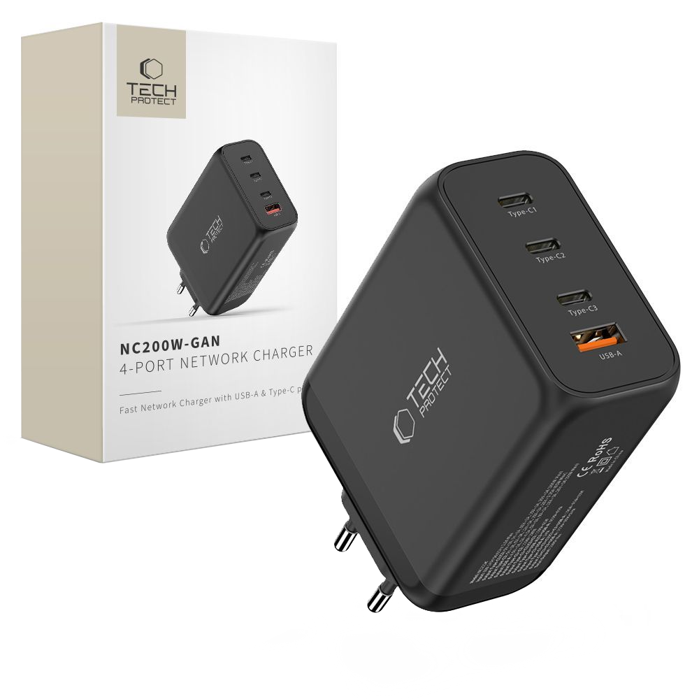 Tech-Protect NC200W-GAN netværksoplader, 200W, 5A, 1 x USB-A - 3 x USB-C, Sort