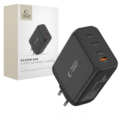 Tech-Protect NC200W-GAN netværksoplader, 200W, 5A, 1 x USB-A - 3 x USB-C, Sort