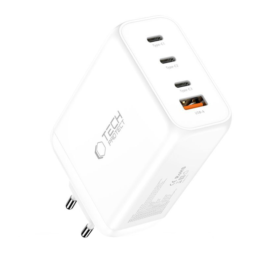 Netværksoplader Tech-Protect NC240W-GAN, 240W, 5A, 1 x USB-A - 3 x USB-C, Hvid