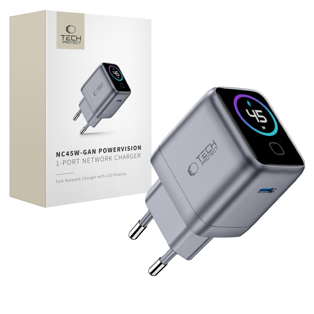 Tech-Protect NC45W Display netadapter, 45W, 3A, 1 x USB-C, grå
