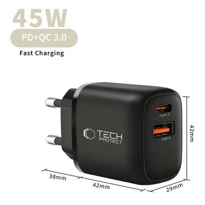 Netværksoplader Tech-Protect NCA45W, 45W, 3A, 1 x USB-A - 1 x USB-C, Sort