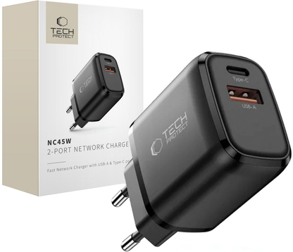 Netværksoplader Tech-Protect NCA45W, 45W, 3A, 1 x USB-A - 1 x USB-C, Sort