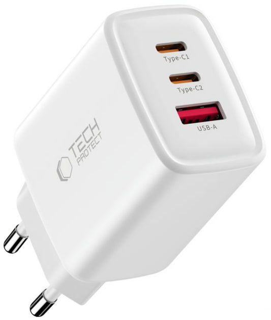 Netværksoplader Tech-Protect NCA65W, 65W, 3A, 1 x USB-A - 2 x USB-C, Hvid