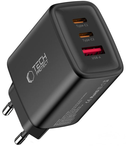 Netværksoplader Tech-Protect NCA65W, 65W, 3A, 1 x USB-A - 2 x USB-C, Sort