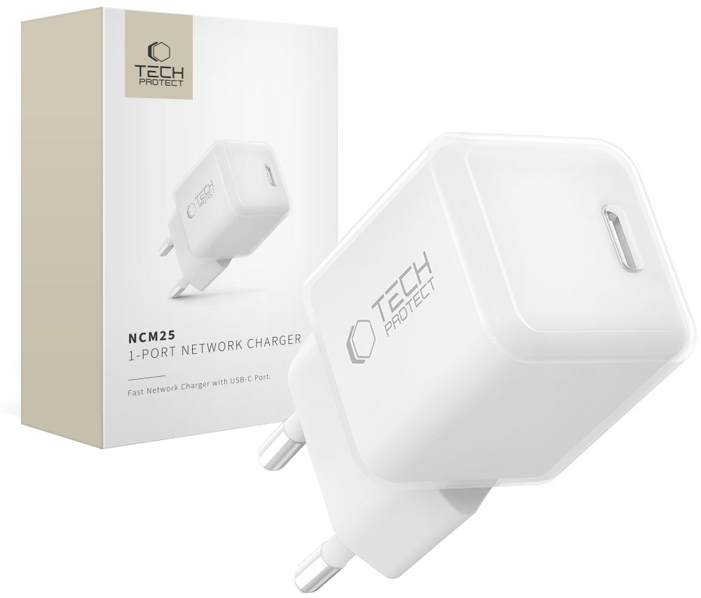 Tech-Protect NCM25 Netoplader, 25W, 3A, 1 x USB-C, Hvid