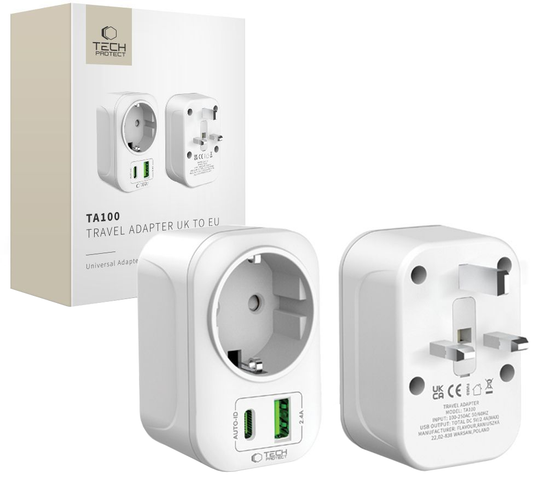 Netværksoplader Tech-Protect TA100 Travel UK, 20W, 3A, 1 x Schuko - 1 x USB-A - 1 x USB-C, Hvid