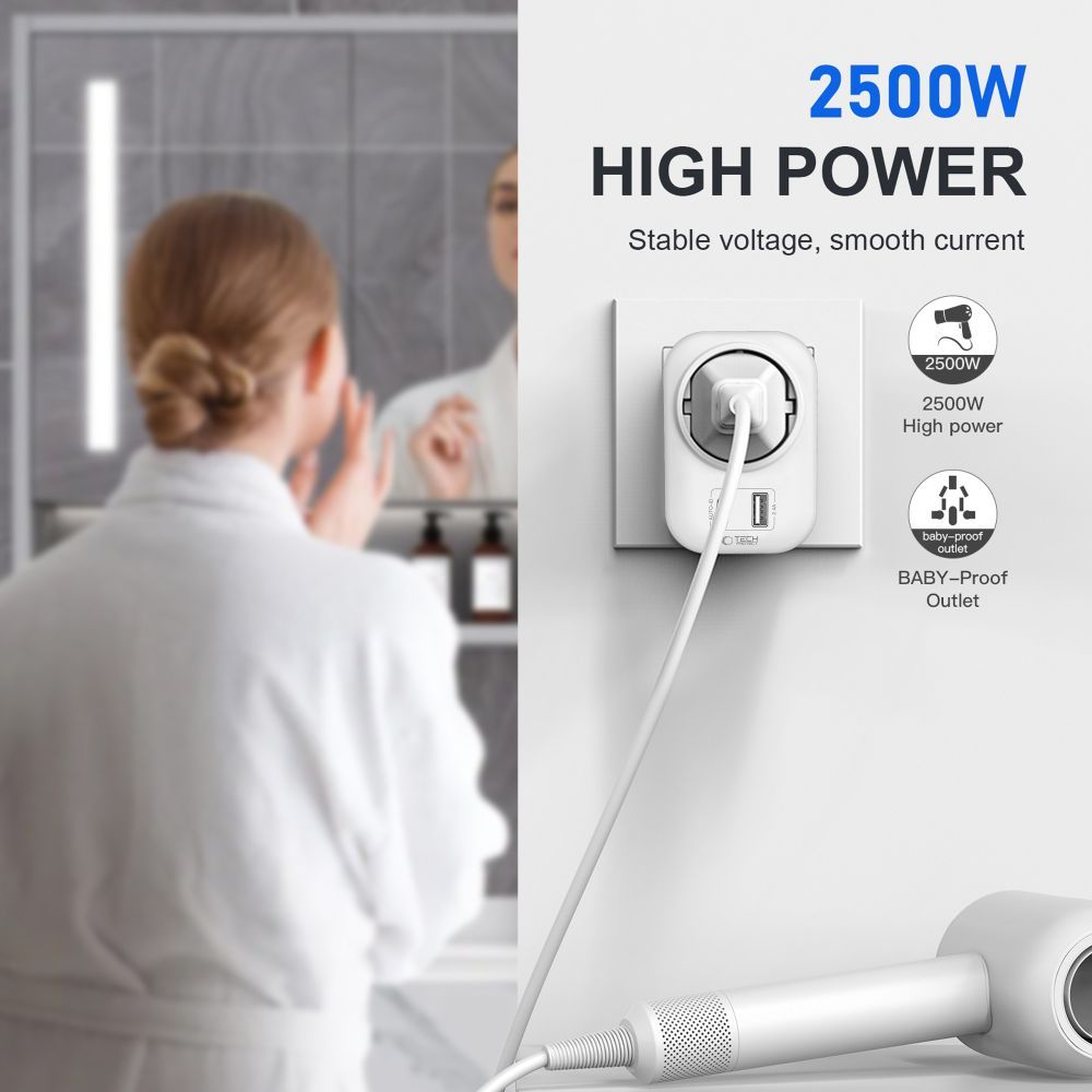 Tech-Protect TA100 Travel US Network Charger, 20W, 3A, 1 x Schuko - 1 x USB-A - 1 x USB-C, White