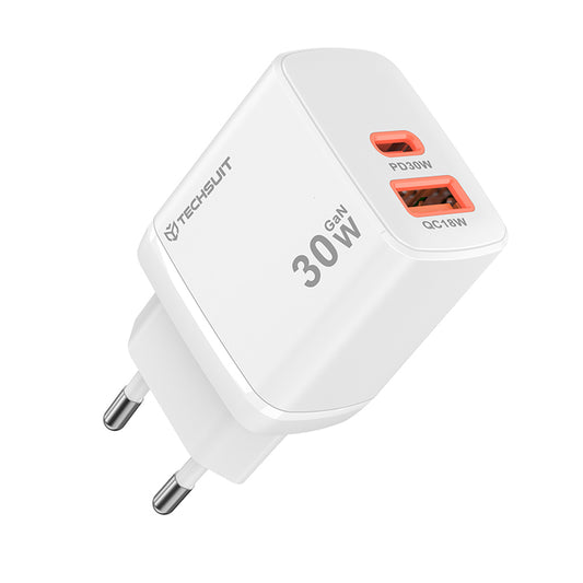 Netværksoplader Techsuit CH1 Duonix, 30W, 3A, 1 x USB-A - 1 x USB-C, Hvid