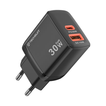 Netværksoplader Techsuit CH1 Duonix, 30W, 3A, 1 x USB-A - 1 x USB-C, Sort