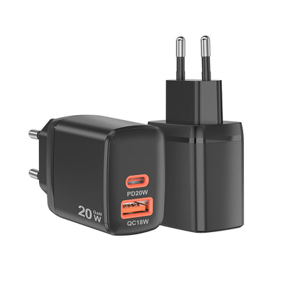 Techsuit CH2 Duonix netværksoplader, 20W, 3A, 1 x USB-A - 1 x USB-C, Sort