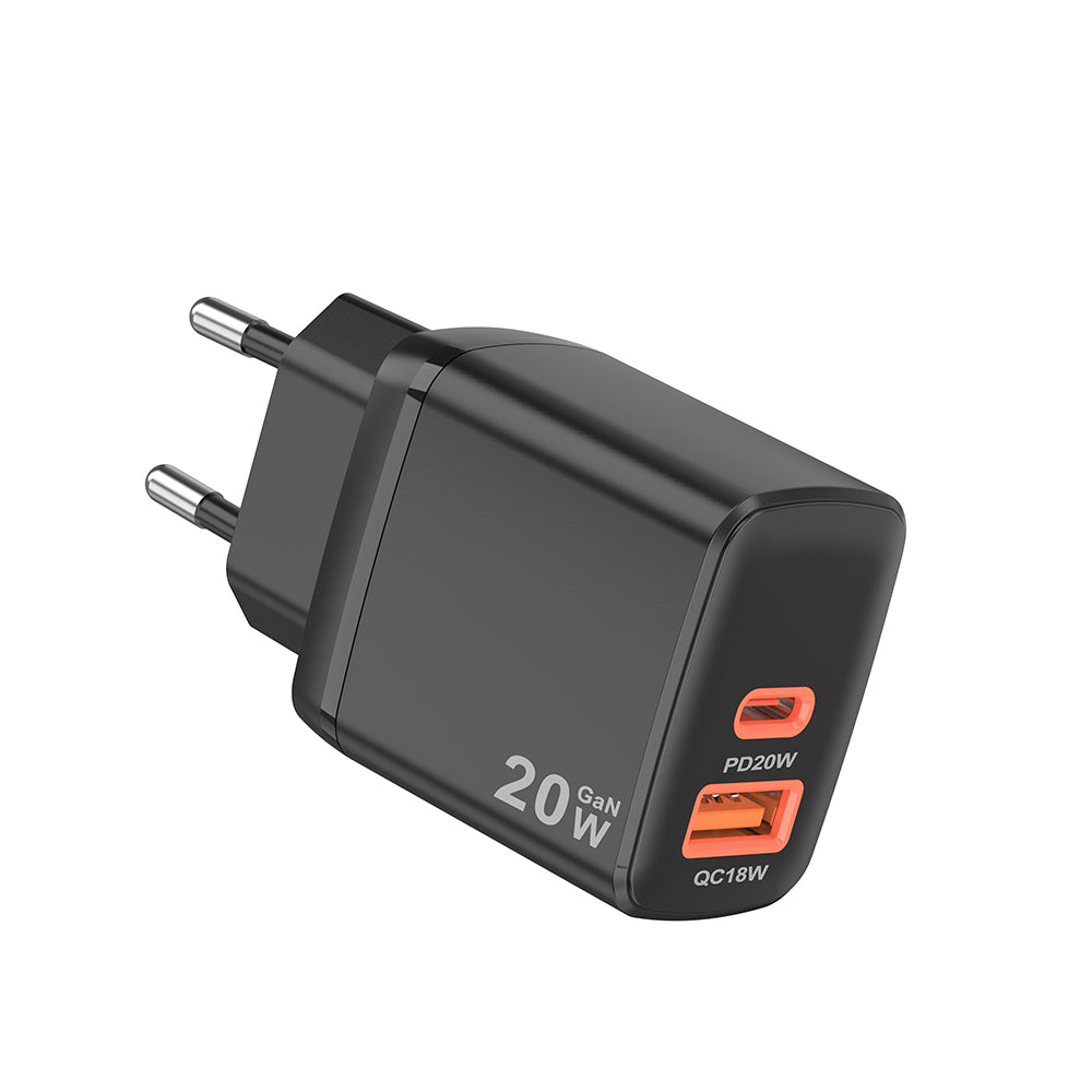 Techsuit CH2 Duonix netværksoplader, 20W, 3A, 1 x USB-A - 1 x USB-C, Sort