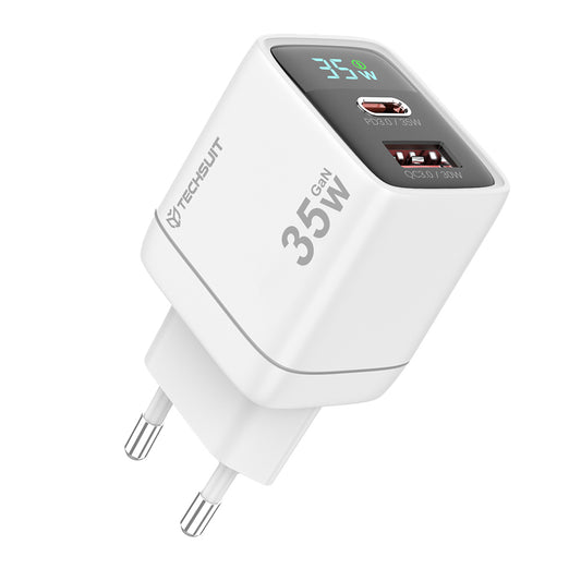 Netværksoplader Techsuit CH3 LEDChargX Display, 35W, 3A, 1 x USB-A - 1 x USB-C, Hvid