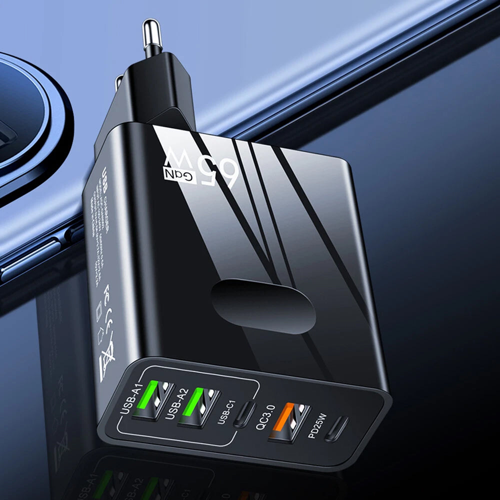 Netværksoplader Techsuit CHC1 PentaXPower, 25W, 3A, 3 x USB-A - 2 x USB-C, Sort