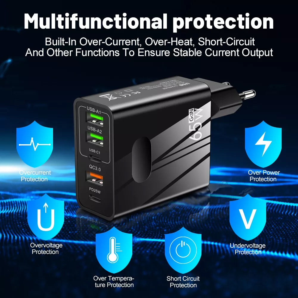 Netværksoplader Techsuit CHC1 PentaXPower, 25W, 3A, 3 x USB-A - 2 x USB-C, Sort