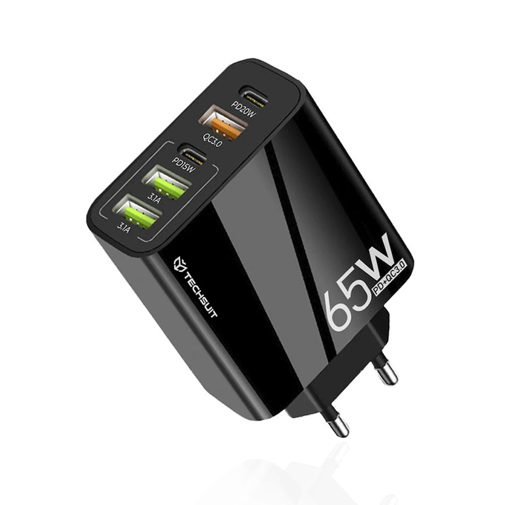 Netværksoplader Techsuit CHC2 PentaXPower, 20W, 3A, 3 x USB-A - 2 x USB-C, Sort