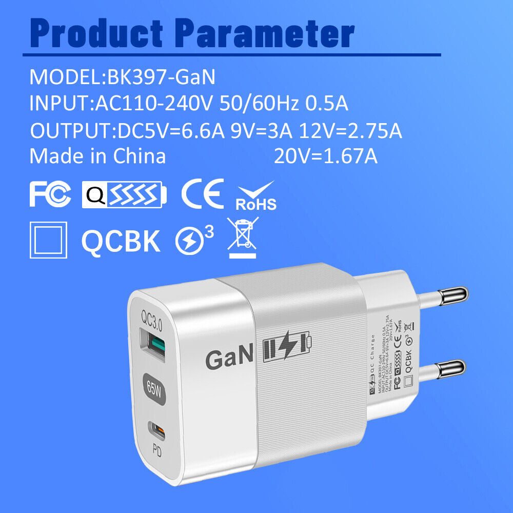 Techsuit CHPD131 Network Charger, 65W, 3.25A, 1 x USB-A - 1 x USB-C, White