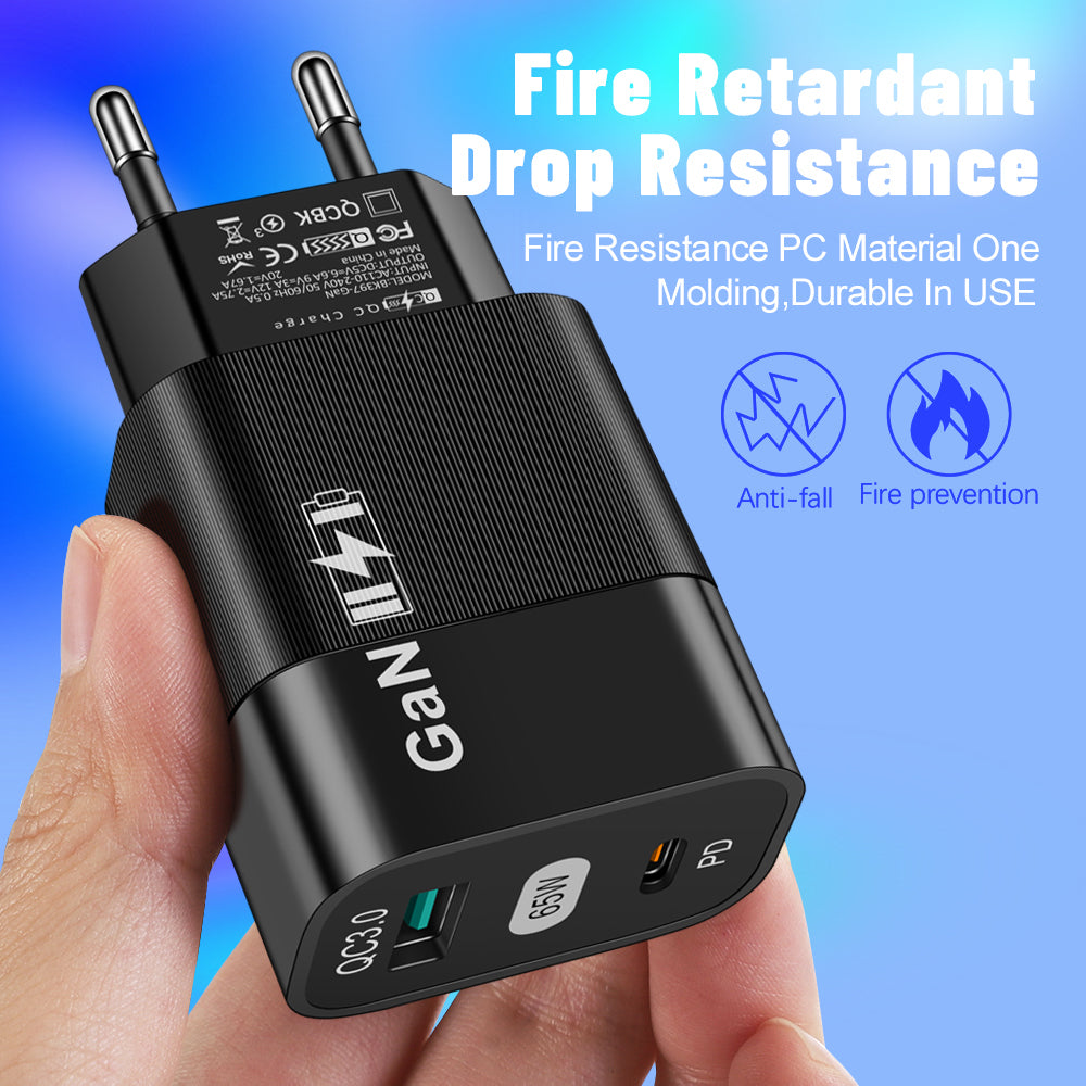 Techsuit CHPD131 netværksoplader, 65W, 3.25A, 1 x USB-A - 1 x USB-C, Sort