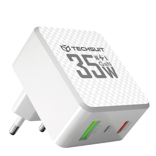 Netværksoplader Techsuit CHPD173 Tiny, 35W, 3A, 1 x USB-A - 1 x USB-C, Hvid