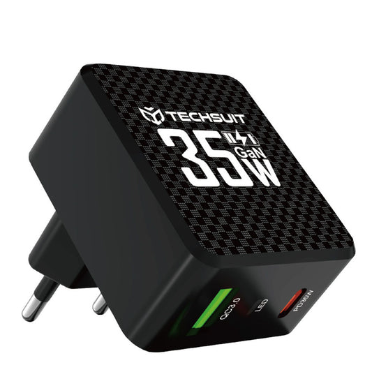 Netværksoplader Techsuit CHPD173 Tiny, 35W, 3A, 1 x USB-A - 1 x USB-C, Sort