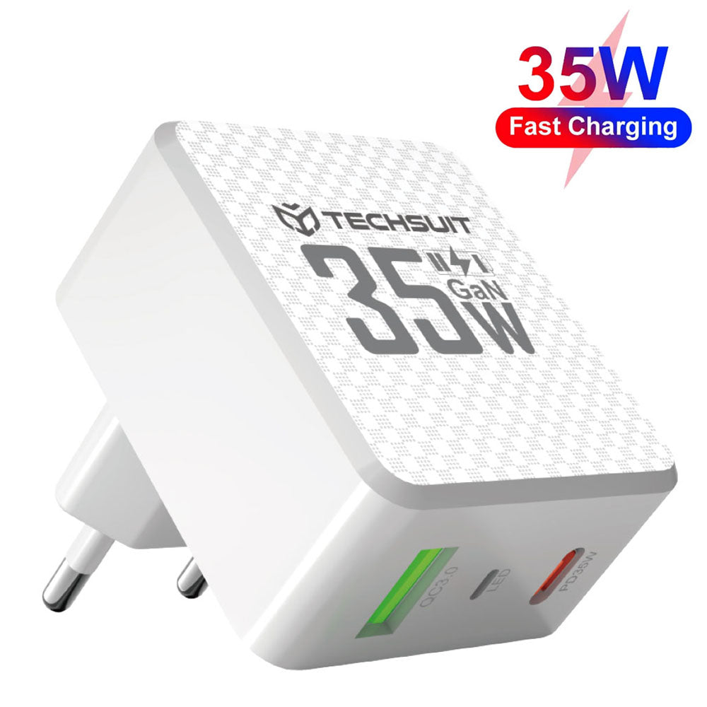 Netværksoplader Techsuit CHPD173 Tiny, 35W, 3A, 1 x USB-A - 1 x USB-C, Hvid