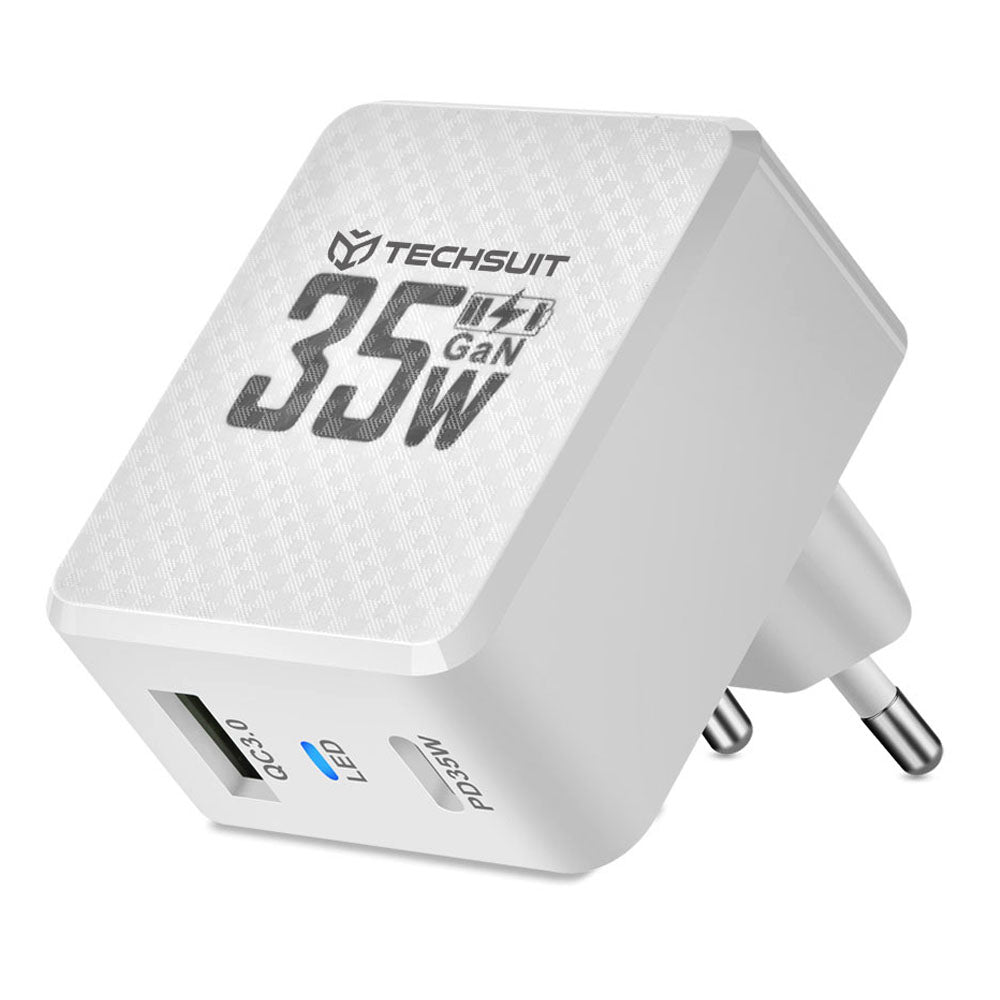 Netværksoplader Techsuit CHPD173 Tiny, 35W, 3A, 1 x USB-A - 1 x USB-C, Hvid