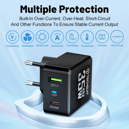 Netværksoplader Techsuit CHPD173 Tiny, 35W, 3A, 1 x USB-A - 1 x USB-C, Hvid