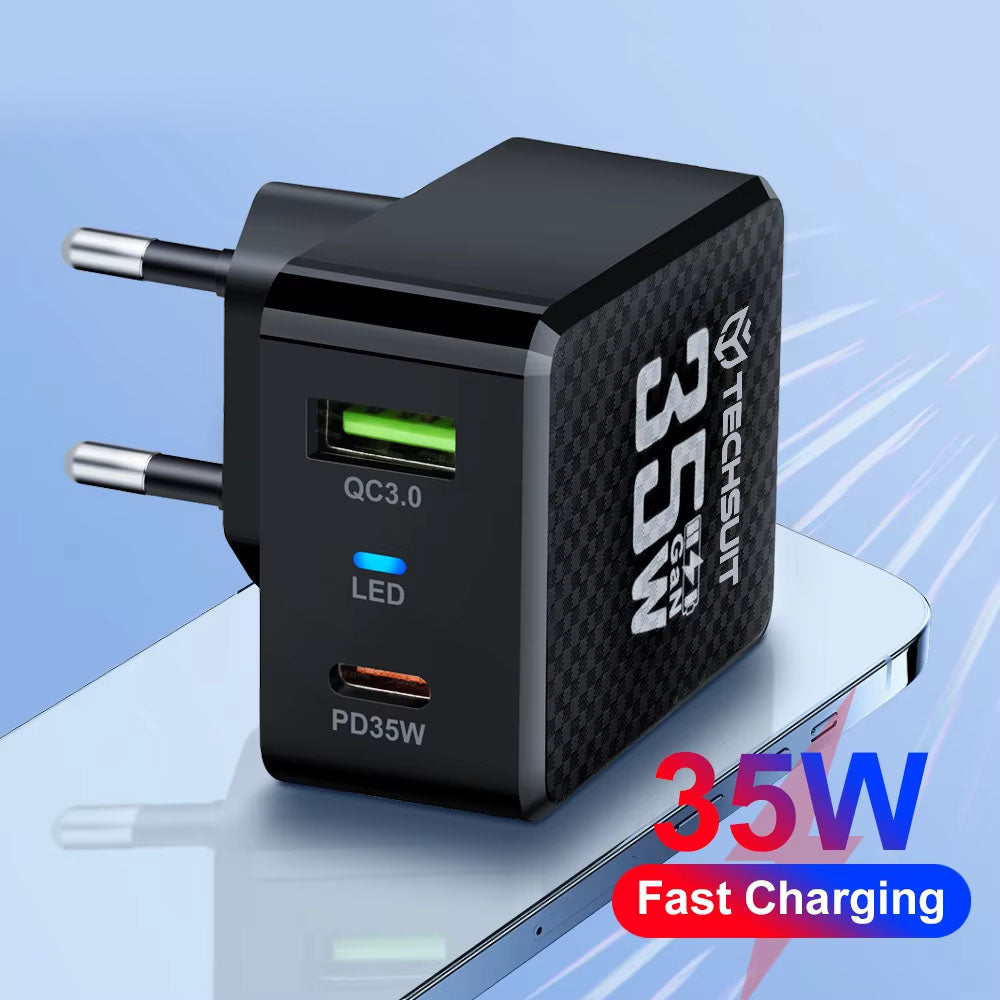Netværksoplader Techsuit CHPD173 Tiny, 35W, 3A, 1 x USB-A - 1 x USB-C, Hvid