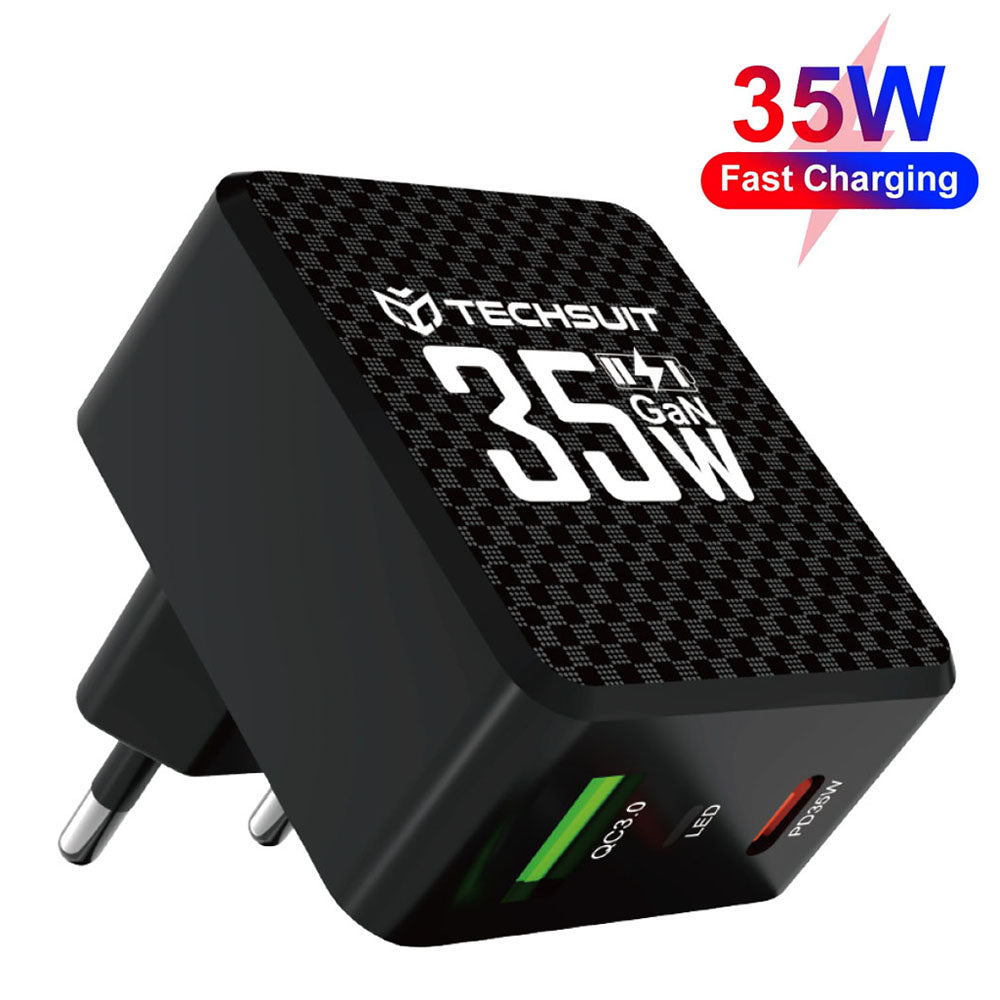 Netværksoplader Techsuit CHPD173 Tiny, 35W, 3A, 1 x USB-A - 1 x USB-C, Sort