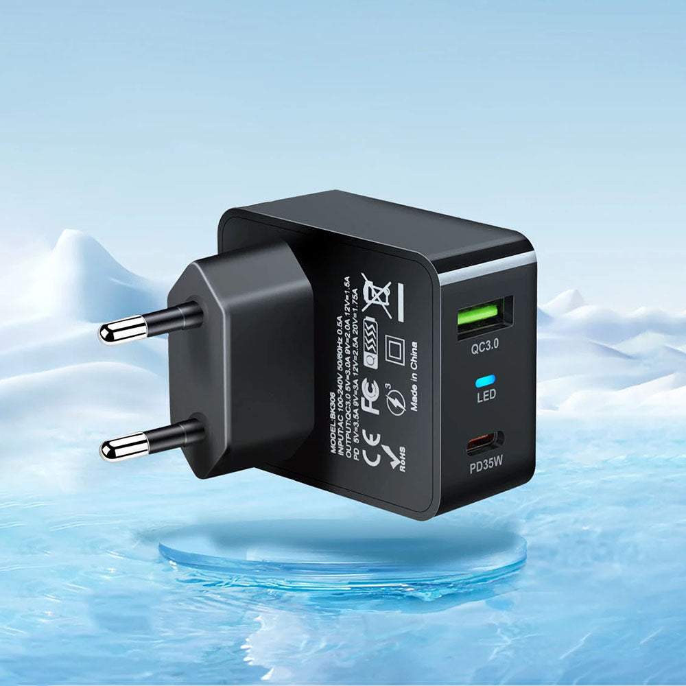 Netværksoplader Techsuit CHPD173 Tiny, 35W, 3A, 1 x USB-A - 1 x USB-C, Sort