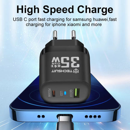 Netværksoplader Techsuit CHPD174, 35W, 3A, 1 x USB-A - 1 x USB-C, Sort