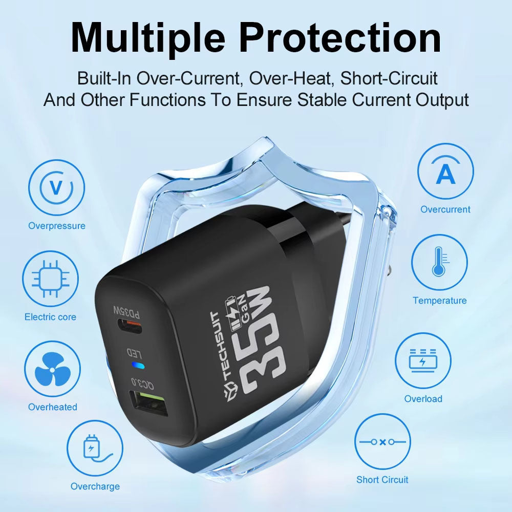 Netværksoplader Techsuit CHPD174, 35W, 3A, 1 x USB-A - 1 x USB-C, Sort