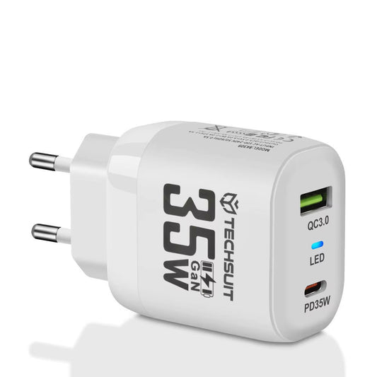 Netværksoplader Techsuit CHPD174, 35W, 3A, 1 x USB-A - 1 x USB-C, Hvid