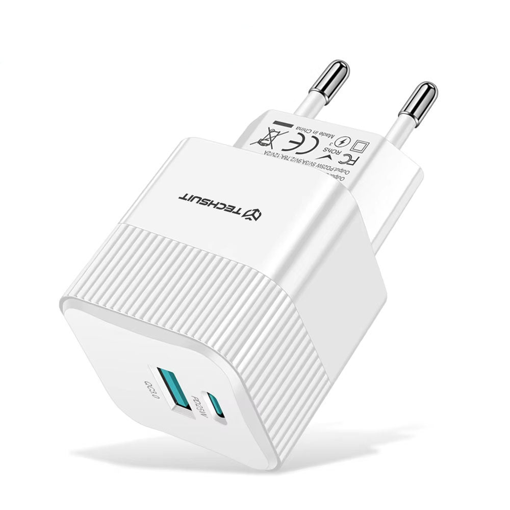 Netværksoplader Techsuit CHPD216 Tiny, 25W, 3A, 1 x USB-A - 1 x USB-C, Hvid