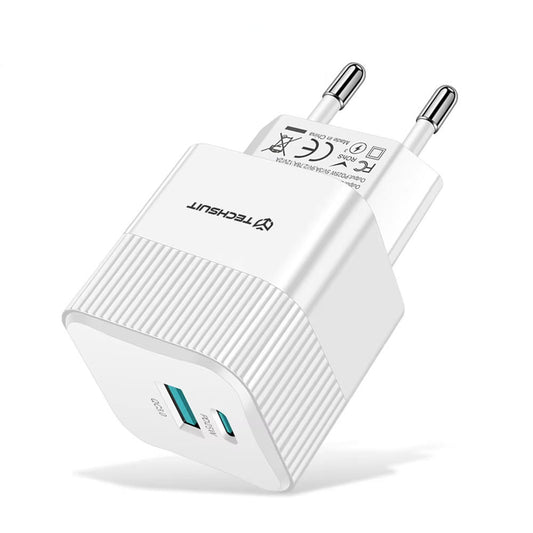 Netværksoplader Techsuit CHPD216 Tiny, 25W, 3A, 1 x USB-A - 1 x USB-C, Hvid