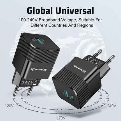 Netværksoplader Techsuit CHPD216 Tiny, 25W, 3A, 1 x USB-A - 1 x USB-C, Hvid