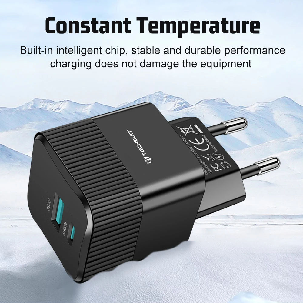 Netværksoplader Techsuit CHPD216 Tiny, 25W, 3A, 1 x USB-A - 1 x USB-C, Hvid