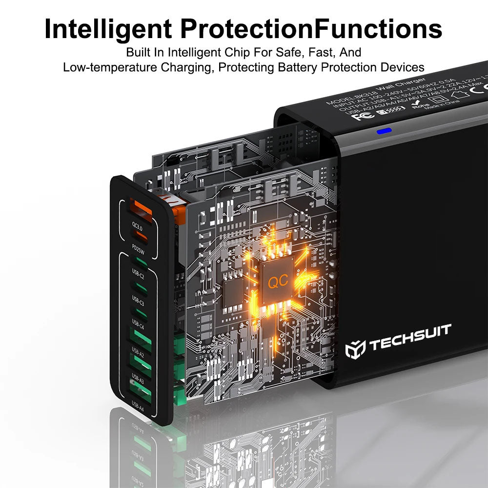 Netværksoplader Techsuit CHPD224, 65W, 3.25A, 4 x USB-A - 4 x USB-C, Sort