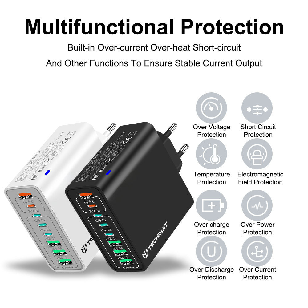 Netværksoplader Techsuit CHPD224, 65W, 3.25A, 4 x USB-A - 4 x USB-C, Sort