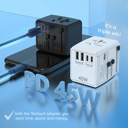 Netværksoplader Techsuit HHT905 Travel, 45W, 3A, 2 x USB-A - 2 x USB-C, Sort