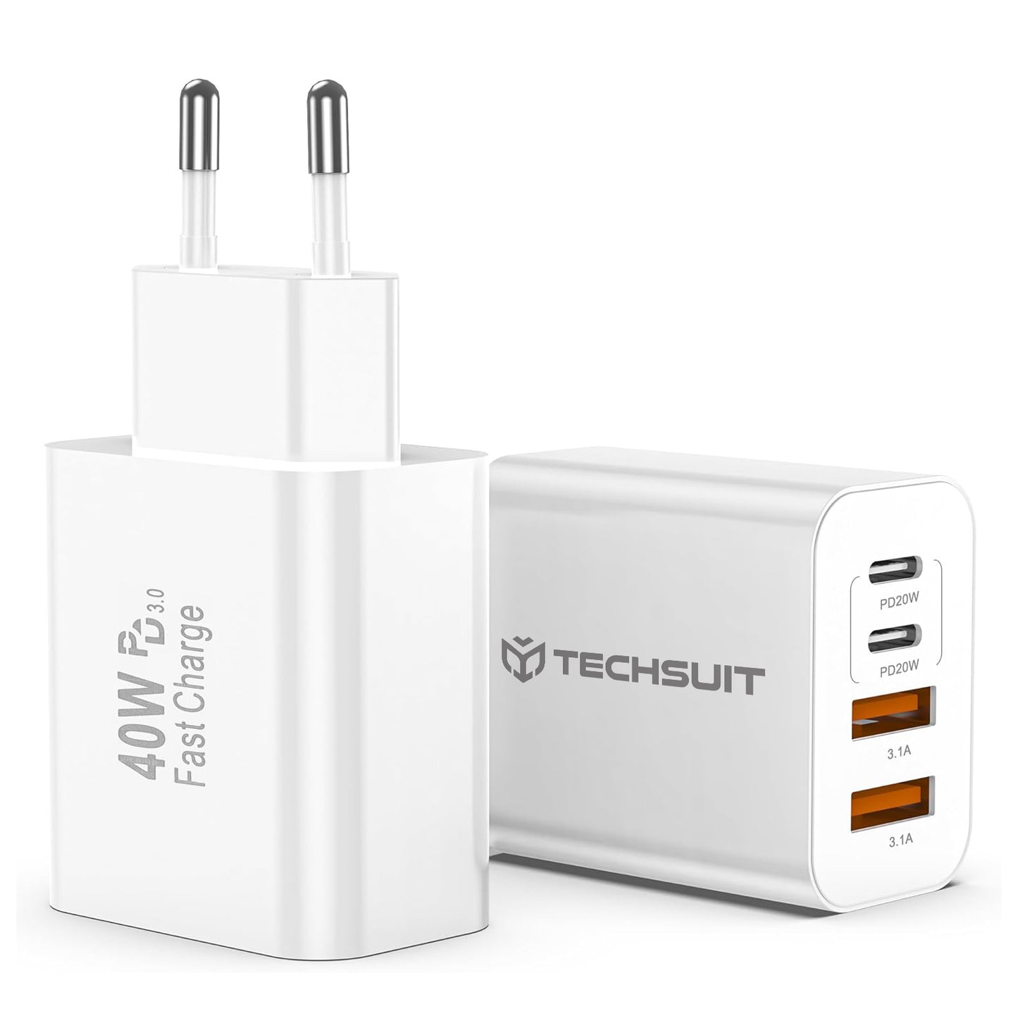 Techsuit PowerXQuad CH4 netværksoplader, 40W, 3A, 2 x USB-A - 2 x USB-C, Hvid