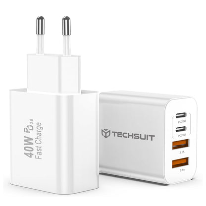 Techsuit PowerXQuad CH4 netværksoplader, 40W, 3A, 2 x USB-A - 2 x USB-C, Hvid