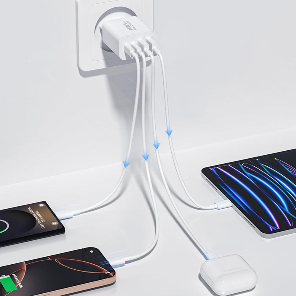 Techsuit PowerXQuad CH4 netværksoplader, 40W, 3A, 2 x USB-A - 2 x USB-C, Hvid