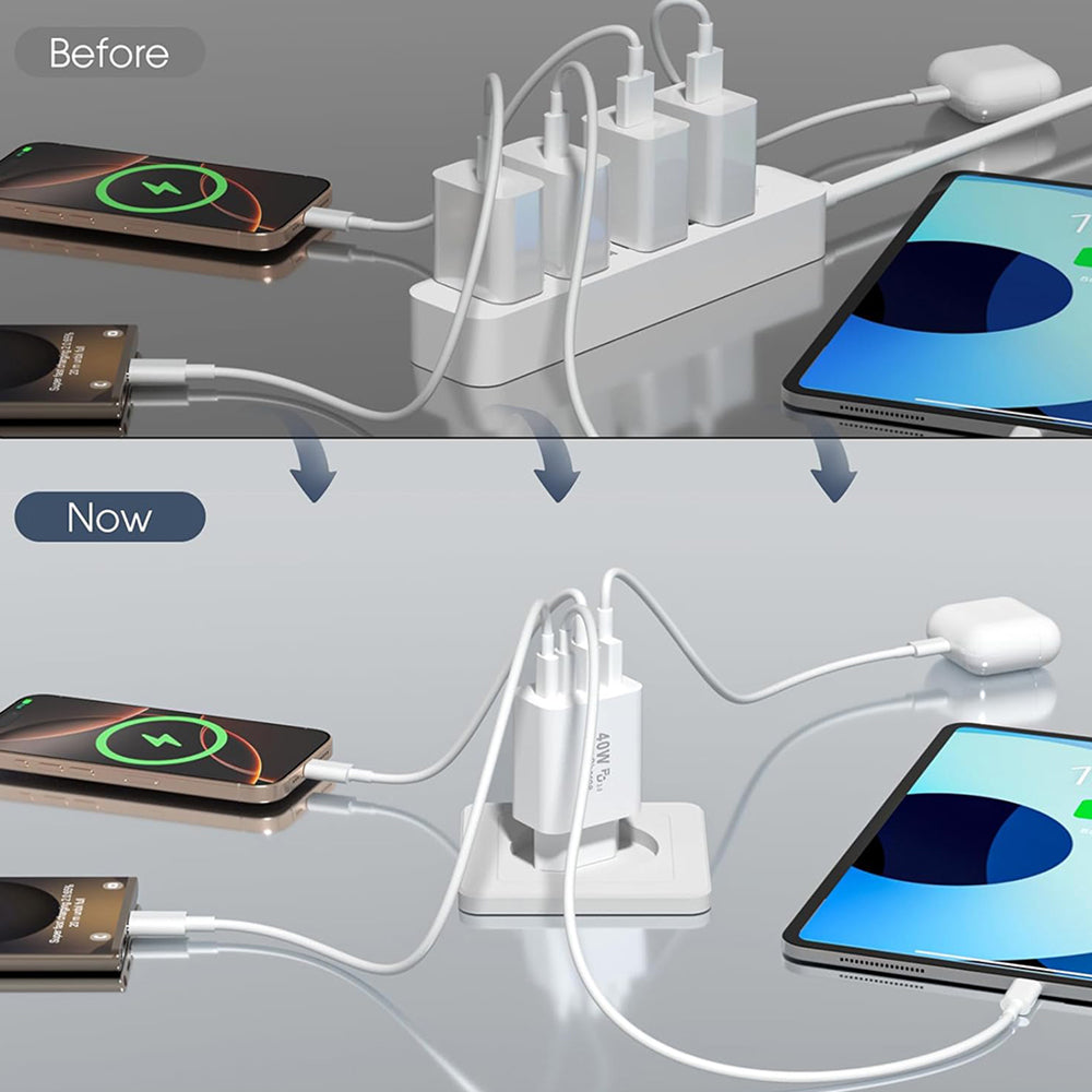 Techsuit PowerXQuad CH4 netværksoplader, 40W, 3A, 2 x USB-A - 2 x USB-C, Hvid