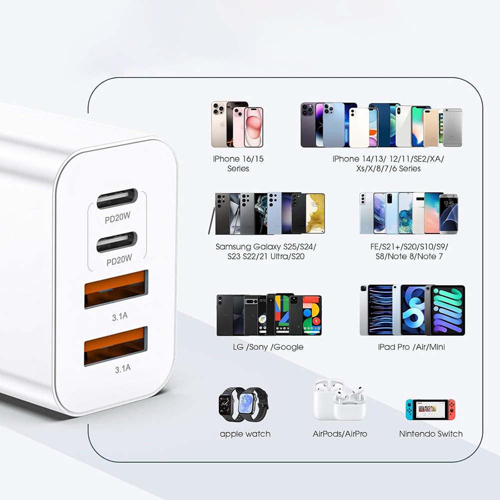 Techsuit PowerXQuad CH4 netværksoplader, 40W, 3A, 2 x USB-A - 2 x USB-C, Hvid